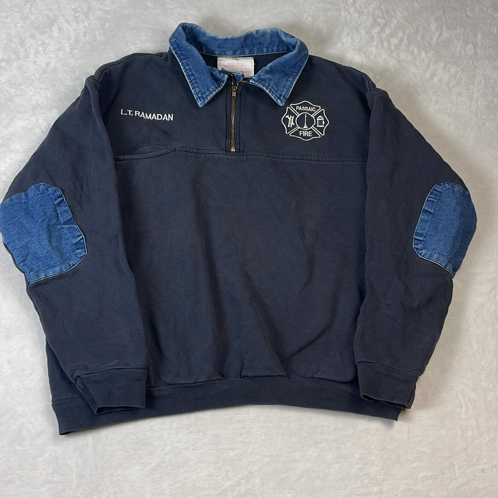 Passaic Fire Dept Job Shirt Men's Navy 1/4 Zip Size 3XL Denim Collar Elbow Patch